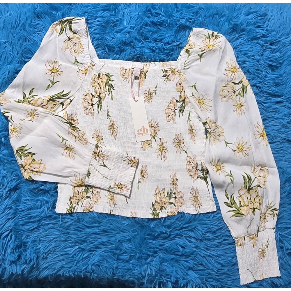 GB Girls Floral Smocked Long Sleeve Crop Top White Yellow Daisy Size L 12/14